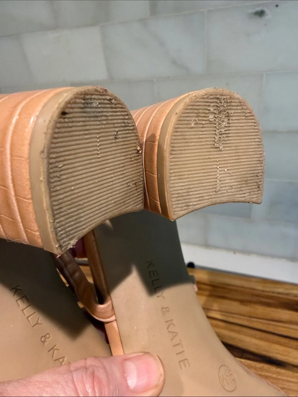 Kelly & Katie Croc-Embossed Peachy Tan Block Heel Sandals